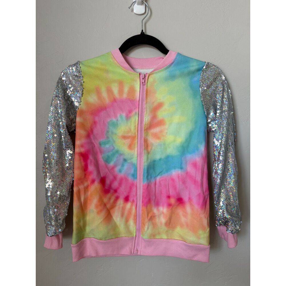 Girls Size 5XL Tie Dye Sequin Jacket Rainbow Bomber Zip Up Coat